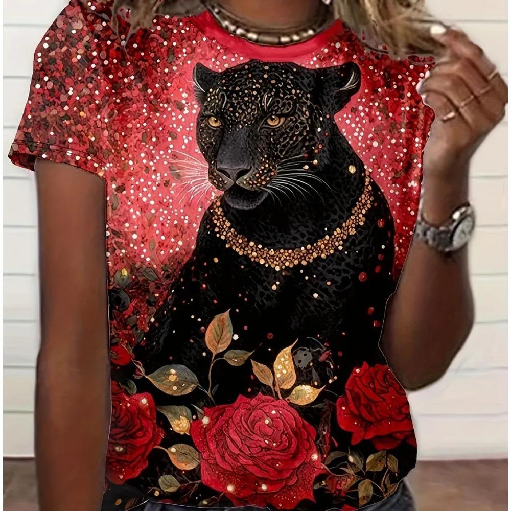 Summer Round Neck Animal Pattern 3D Print Top Fashionable Casual Short Sleeved Women's T-shirts