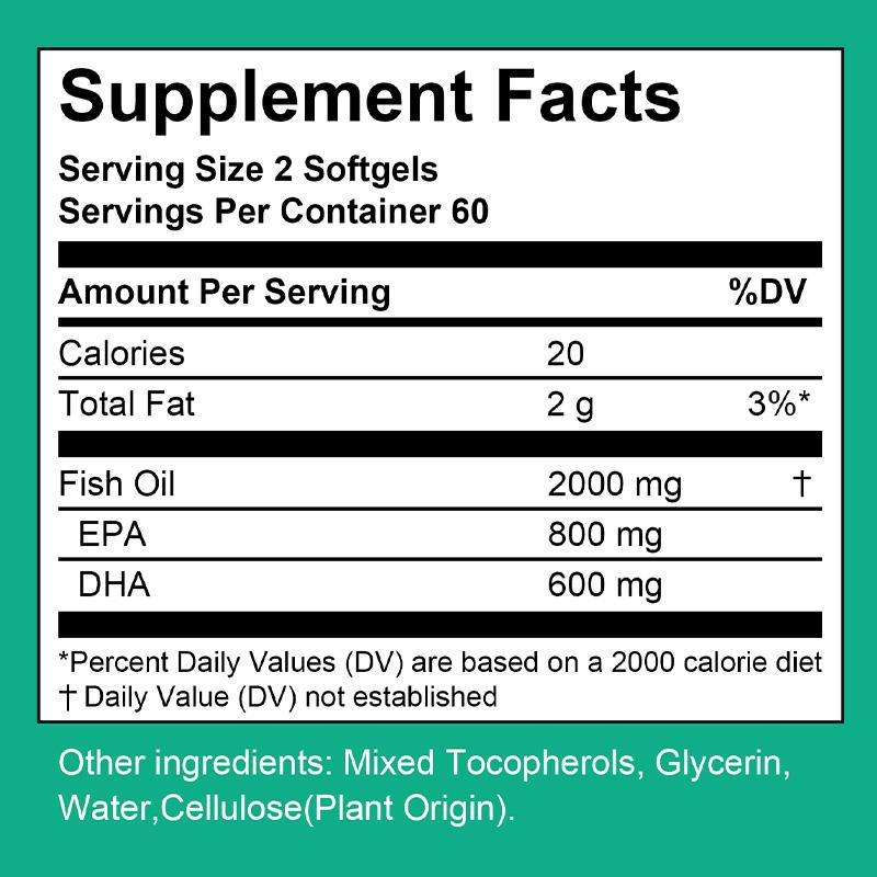 Fischöl 2000 mg Nahrungsergänzungsmittel, Premium Omega-3-Formel, 120 Weichkapseln pro Flasche