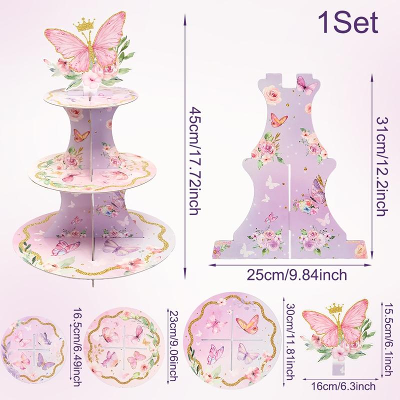 1 Set 3 Tiers Butterfly Cupcake Cake Stand Wedding Birthday Party Decorations, Cardboard Cupcake Holder Cupcake Tower for Party