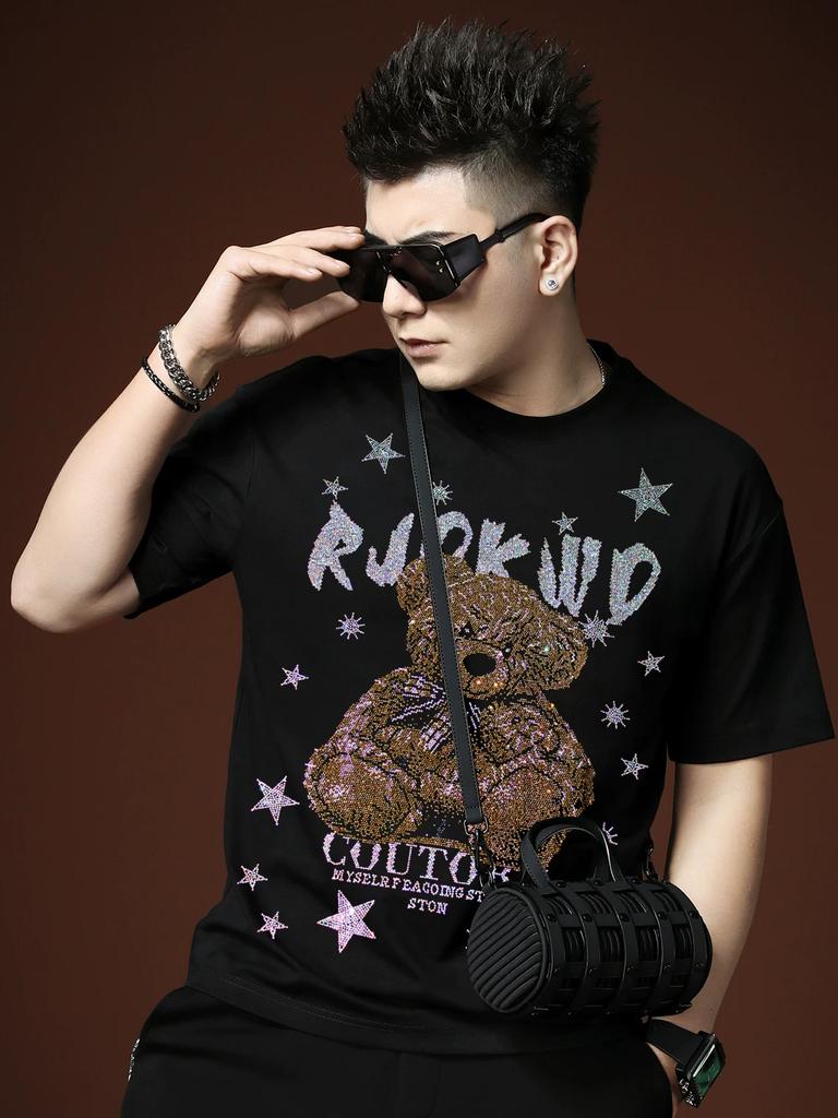 European High-End Rhinestone Short-Sleeve T-Shirt for Men, Trendy Brand Fashion 2025 New Summer Casual Half-Sleeve Top