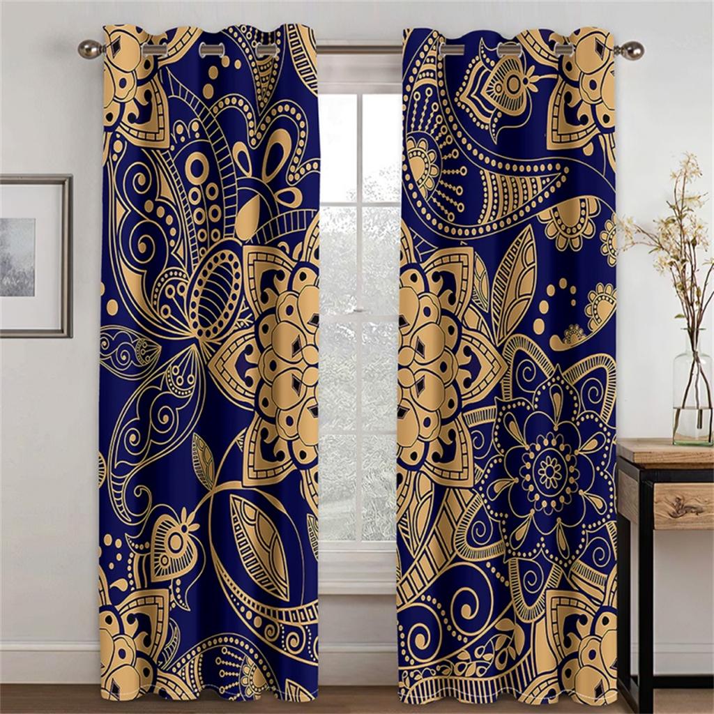 3D Floral Totem Golden Blue Human Head Curtains Living Room Bedroom Kitchen Balcony Window Decorative Curtains 2 Panels