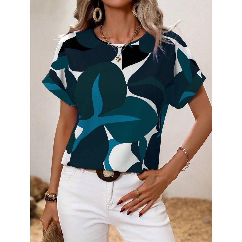 Women's Round Neck T-shirt Summer Outdoor Fashion Short-sleeved Tops Oversize Loose Ladies Clothing Flower Printing Trend Style
