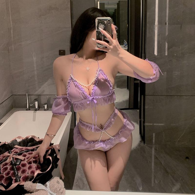 Sexy Lingerie Female Sexy Three-point Purple Pure Desire Temptation Suit Hot Split Pearl Bra Panties Uniform