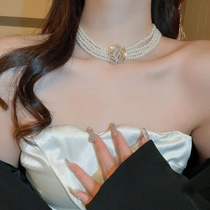 Elegant Multilayer Zircon Choker Necklaces for Women Crystal Flowers Necklaces Weddings Party Zircon