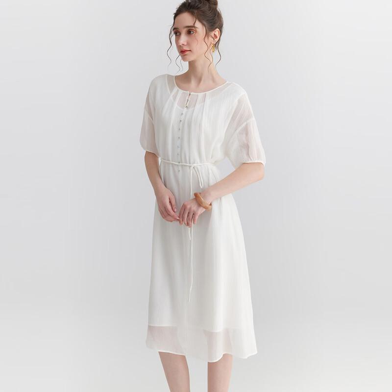 Snowforte Women s Silk Linen Half-Sleeve Tie-Waist Dress S