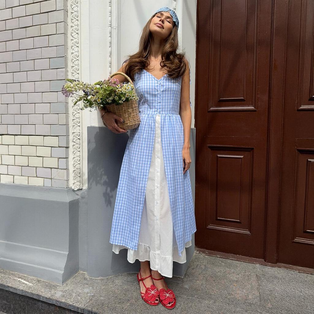 Summer New Blue Plaid Fake Two-piece Splice Single-breasted Strap Dress for Women European & American Style
