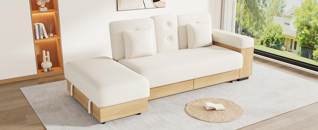 Divano Modulare con Contenitore, Schienale Regolabile su 3 Posizioni, Divano Letto con Cassetti, Tessuto in Chenille, Struttura in MDF, Portabicchieri e Pouf Contenitore, 217 cm, Beige