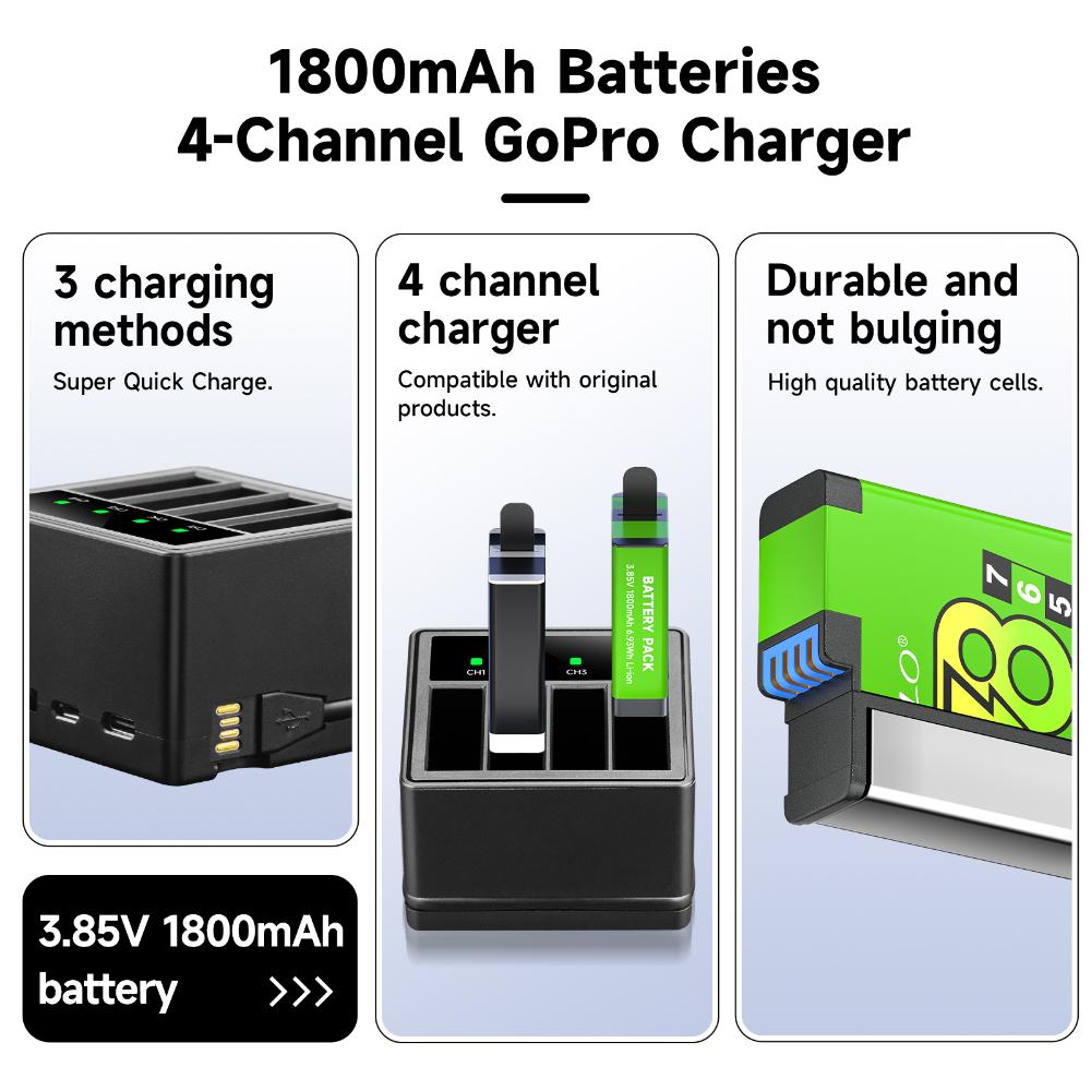 For GoPro 8 7 5 6 battery+4 Solts LED Light Battery Charger Storage Box With usb cable For Gopro Hero 8 7 hero 5 HERO 6 Camera