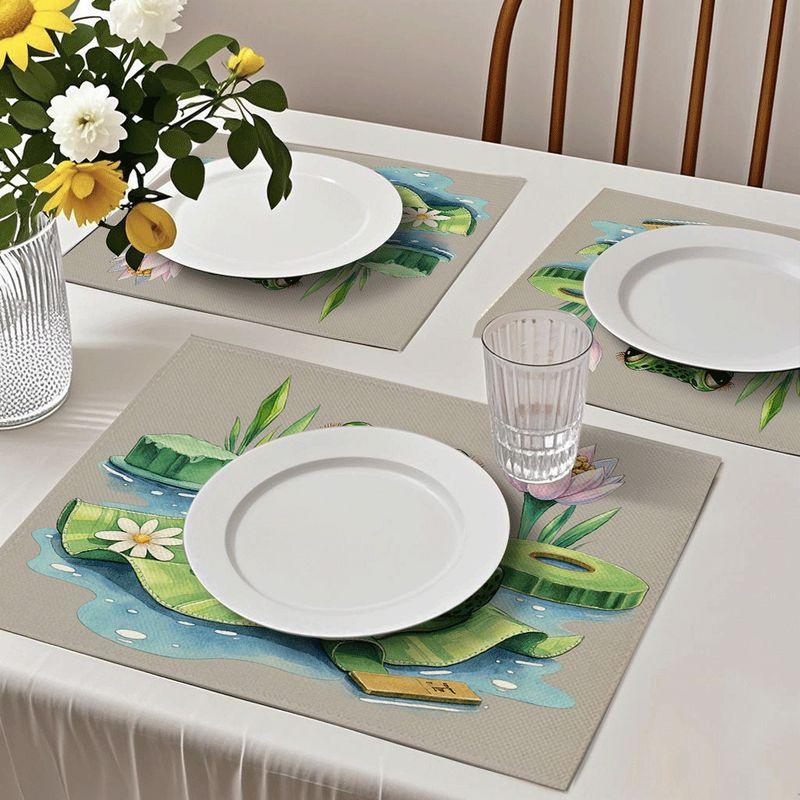 4/6pcs Rectangular Placemats - 18X12 Inches, Lily Pad with Frogs And Lotus Cartoon 2D Element Pattern Design, Easy-Clean Table Mat, Durable Heat-Resis