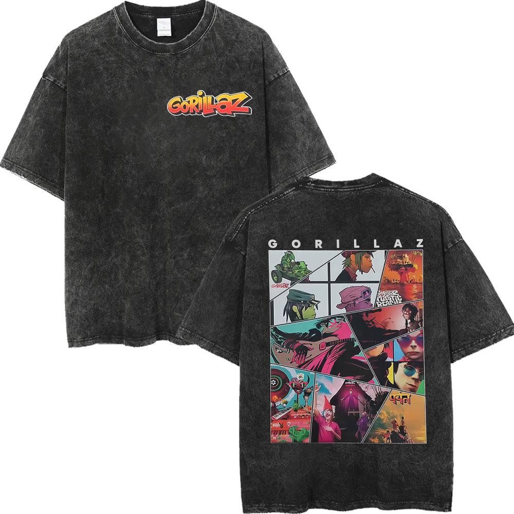 Vintage Washed Gorillaz The Mountain Tour Tshirts Men Women Casual Fashion Tshirt High Quality Cotton Oversized T Shirt
