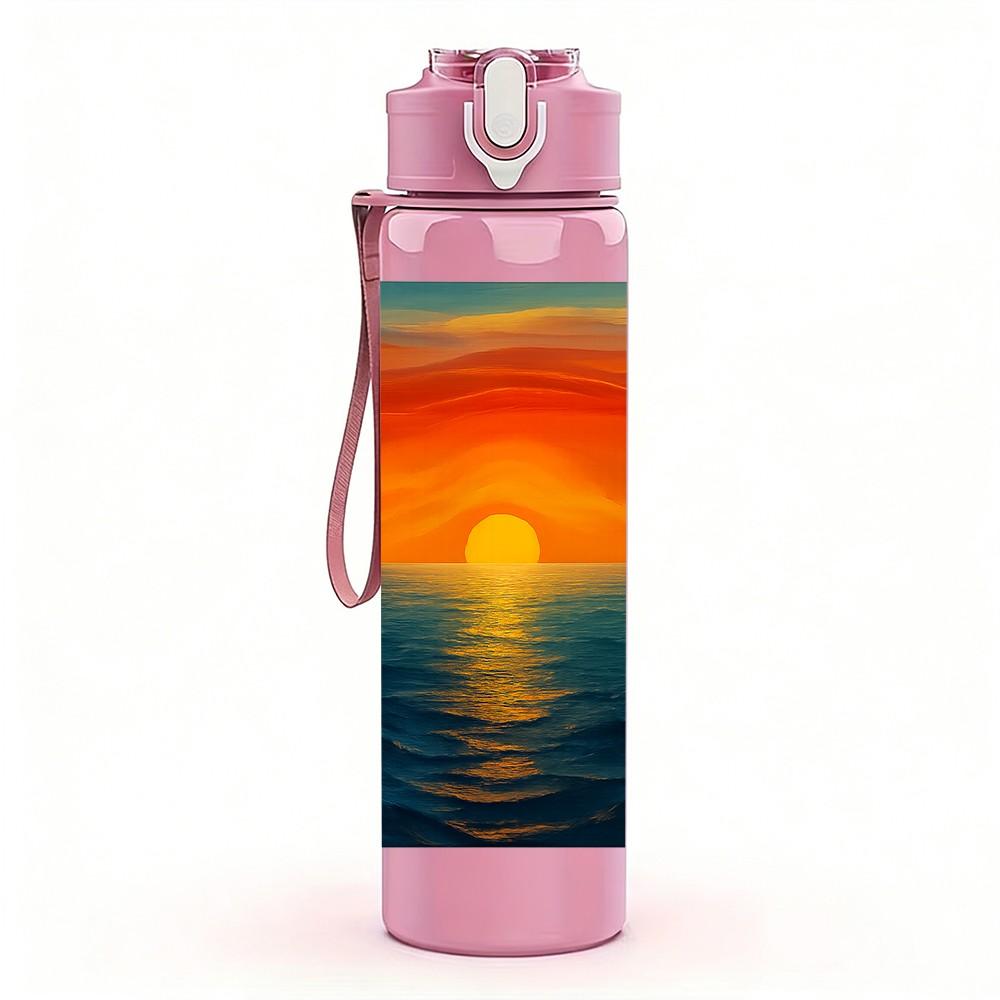 1PC Ocean Sunset Sky Landscape Print 750ml Color Plastic Sports Water Bottle Leakproof Flip Straw Lid Suitable for Sports Office Home Use