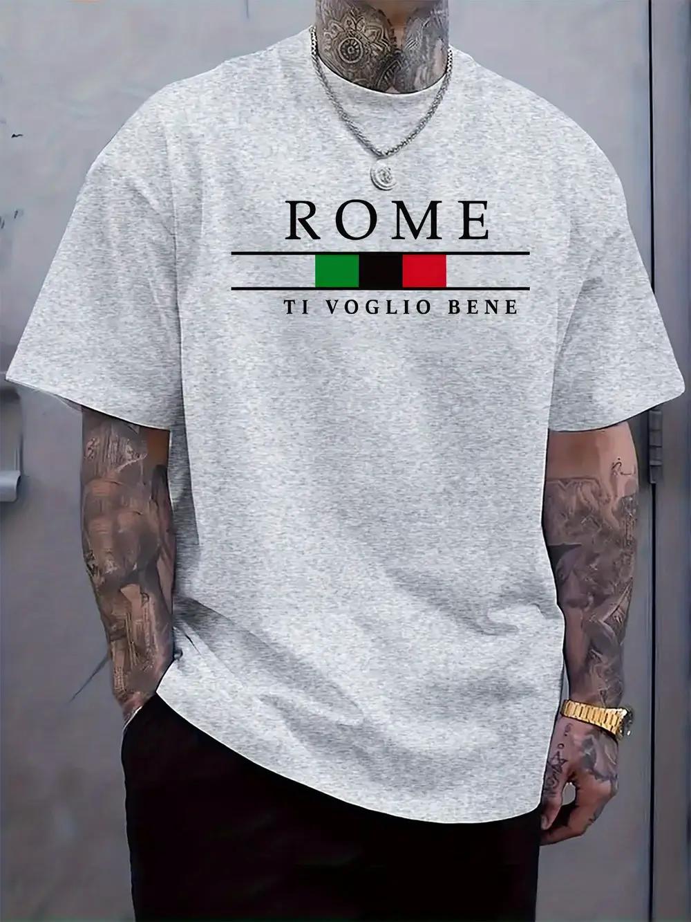 Casual Crew Neck T-shirt with Rome & Italy Graphic Print - Short Sleeve L
