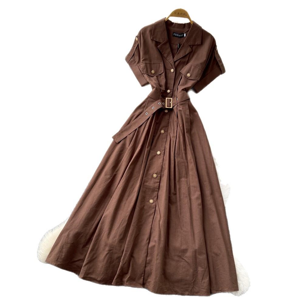 Commuter Style Short-sleeved A-word Dress Women's Summer Light Mature Style Pink Waist Looks Thin and Light Mature Temperament Elegant