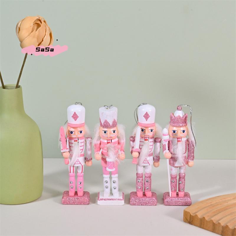 S-1/4Pcs Soldier Home Desktop Ornament Nutcracker Puppet Christmas Tree Pendant Pink Wooden Handicraft Xmas New Year Decoration