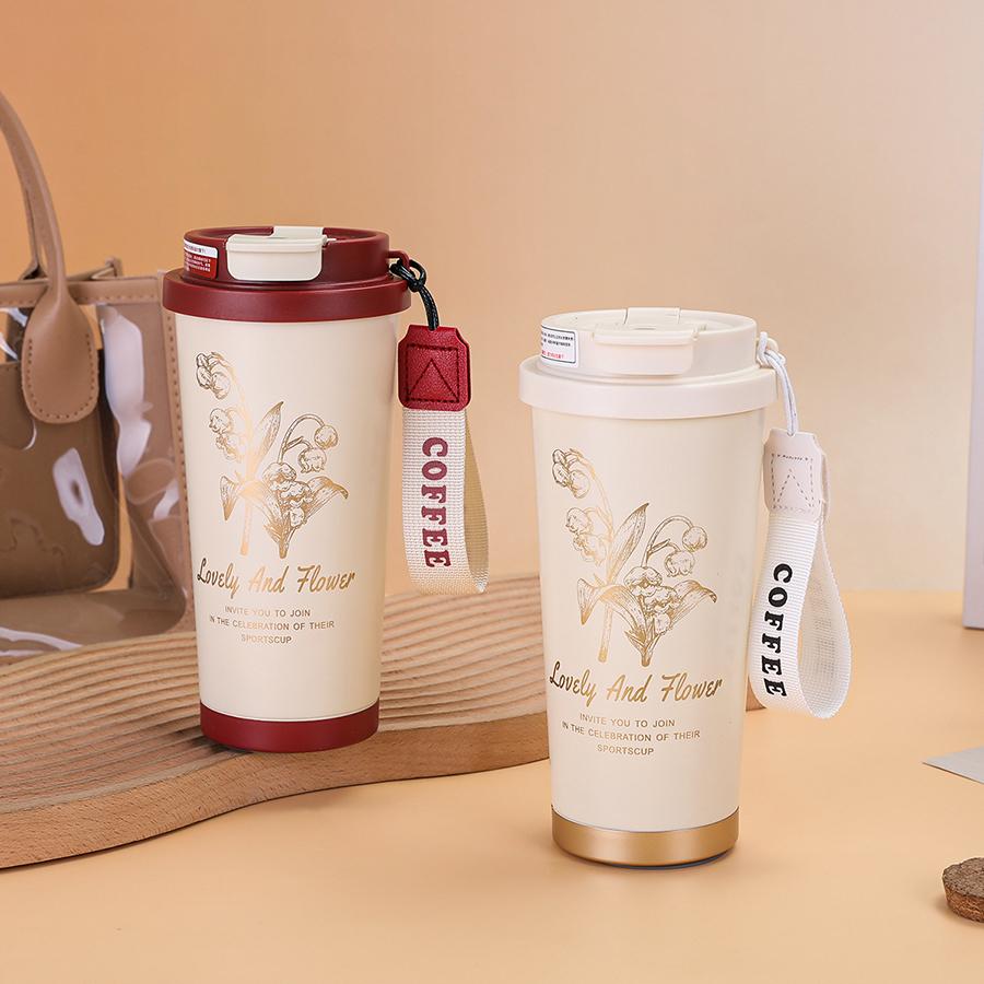 Stainless Steel Thermos 500ml Double-Wall Vacuum Stainless Steel Tumbler Floral Art Print Coffee Mug Leakproof Travel Cup