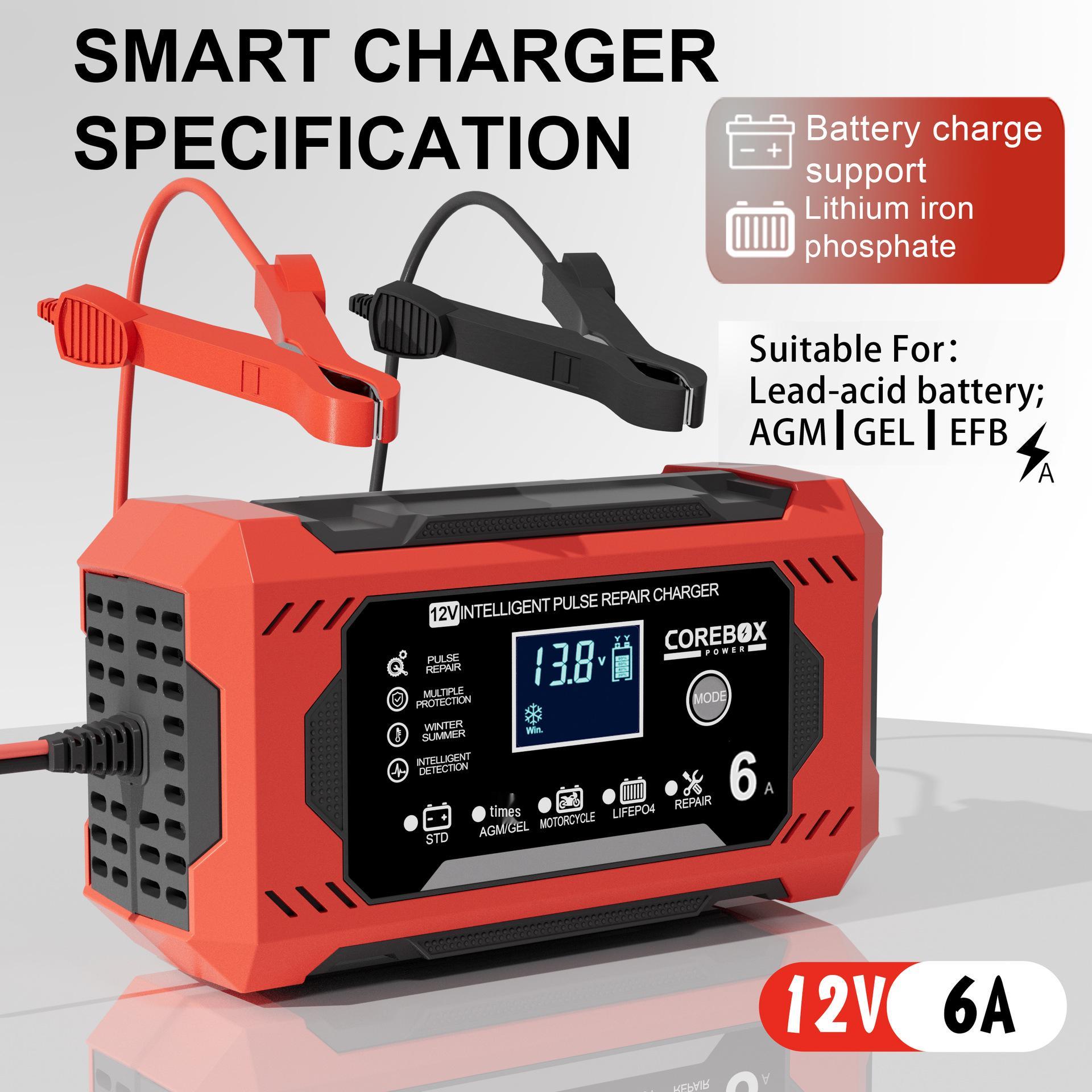 

12V 6A Smart Battery Charger with AGM and Start-Stop Compatibility, Auto Stop, Reverse Polarity Protection - European Standard Lead-Acid Charger. US Yellow 399g
