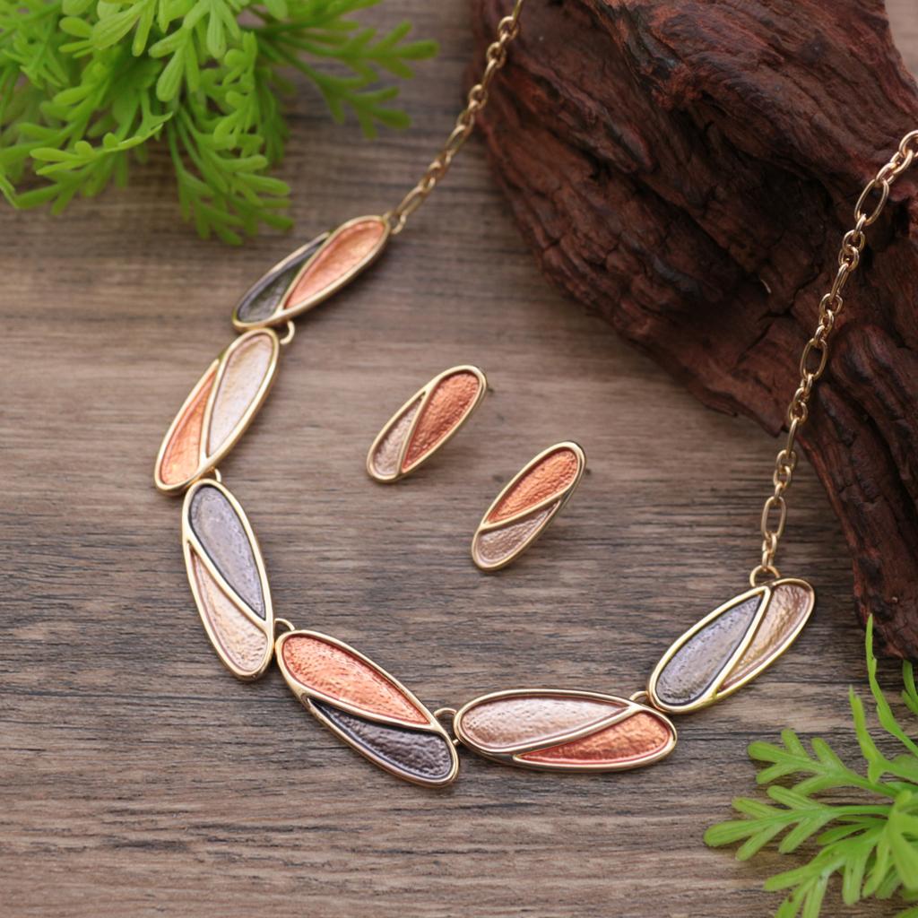 Neues Emaille Pferdeaugen Blütenblatt Ohrstecker Halsketten Set, Damen einfache und hochwertige ovale Halskette.