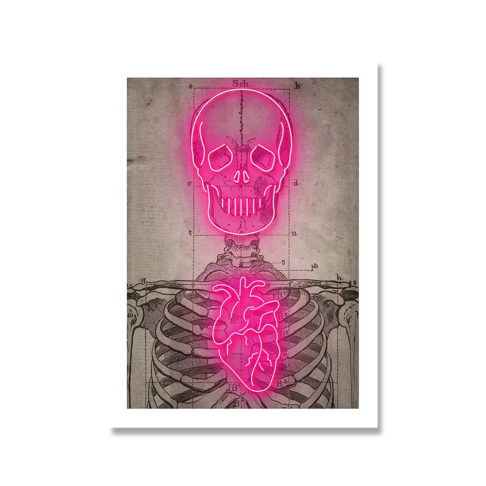 Neon Skeleton Plakát Severský Vintage Obraz Srdce Hlava Nástěnná malba Obrazy Nástěnná malba Pro obývací pokoj Bar Domácí dekorace