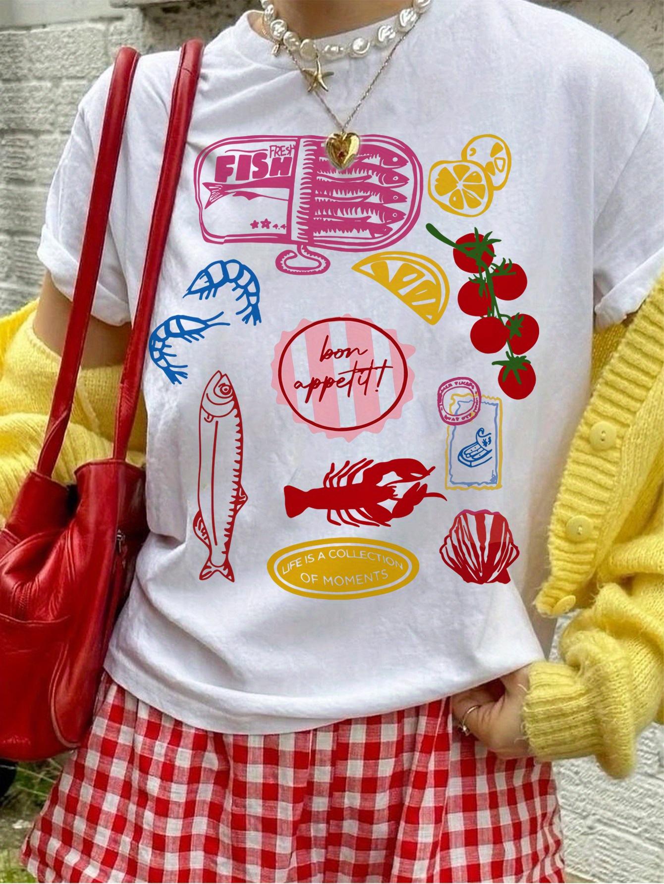 

Seafood Fruit Pattern Print Tshirt Cotton Loose Women Graphic Tops Ladies Casual Short Sleeved Tshirt Vintage Female Clothing S