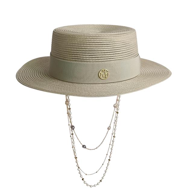Silver Straw Hat Straw Hat Pearl Chain Diy Flat Top Sun Hat New Korean Elastic Ribbon Hat Beach Hat Candy Color Sun Hat 56-58cm