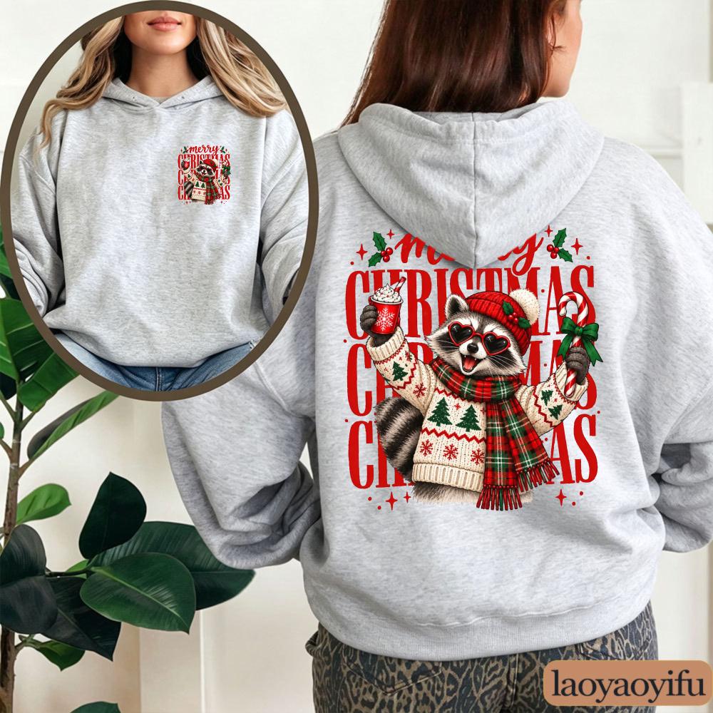 Merry Christmas Raccoon Hoodie Cute Heart Sunglasses Hot Cocoa Graphic Sweatshirt Winter Scarf Sweater Unisex Pullover Tops