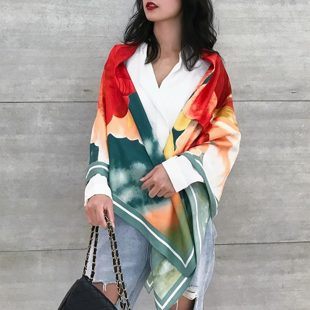 130cm Large Flower Printing Square Scarf Women Multi-Purpose Twill Silk Shawl Sun Protection Four Season Travel Scarf