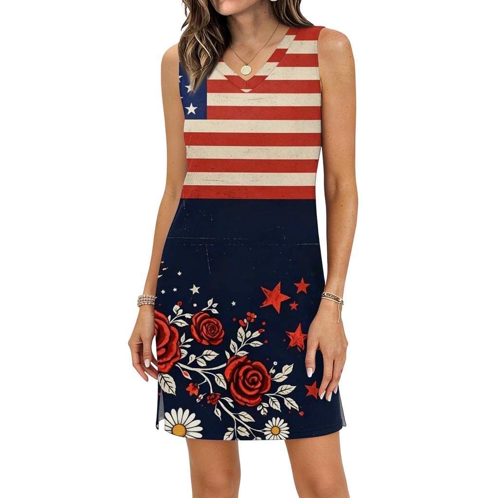 Flag Dress for Women Sleeveless Summer Floral Print Loose Fit Casual 4Th Of July Dresses for Women Red White Blue Dre