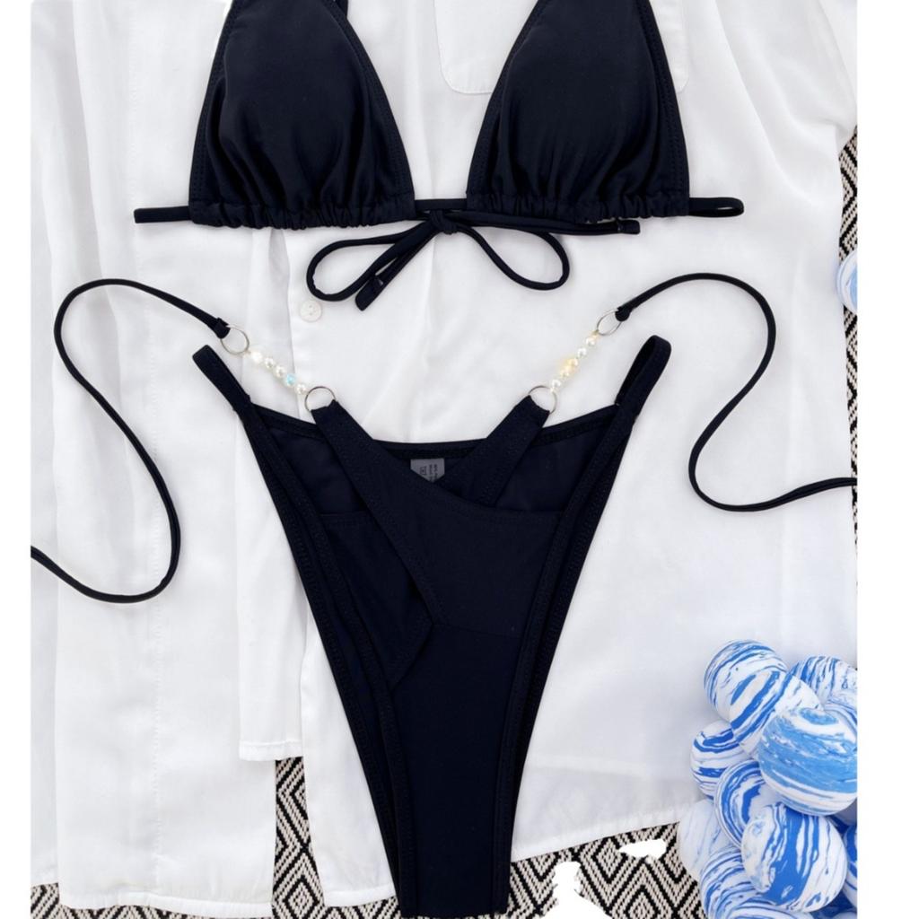 Women's Swimsuit Solid Color Triangle Bag Tied with Split Swimsuit Bikini Beachwear Bathing Suits
