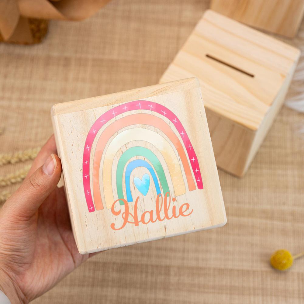 Personalized Wooden Piggy Bank, Gift for School Enrollment, Custom Name Coin Bank, Cube Wooden Animal Money Box, Birthd