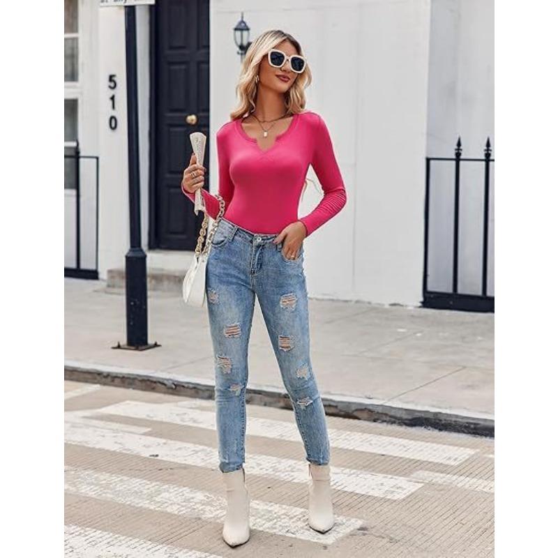 Women's Blouse Pit Stripe Deep U Neck Neckline Cross Long Sleeve Top