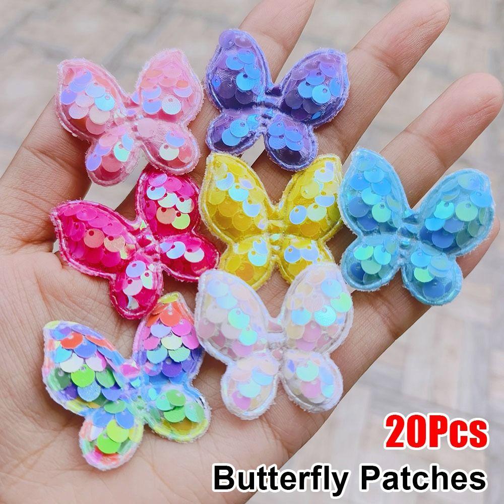 20Pcs Sew On Glitter Sequins Butterfly Patches 40x35mm DIY Padded Applliques Handmade Double Layers Clothes Patches