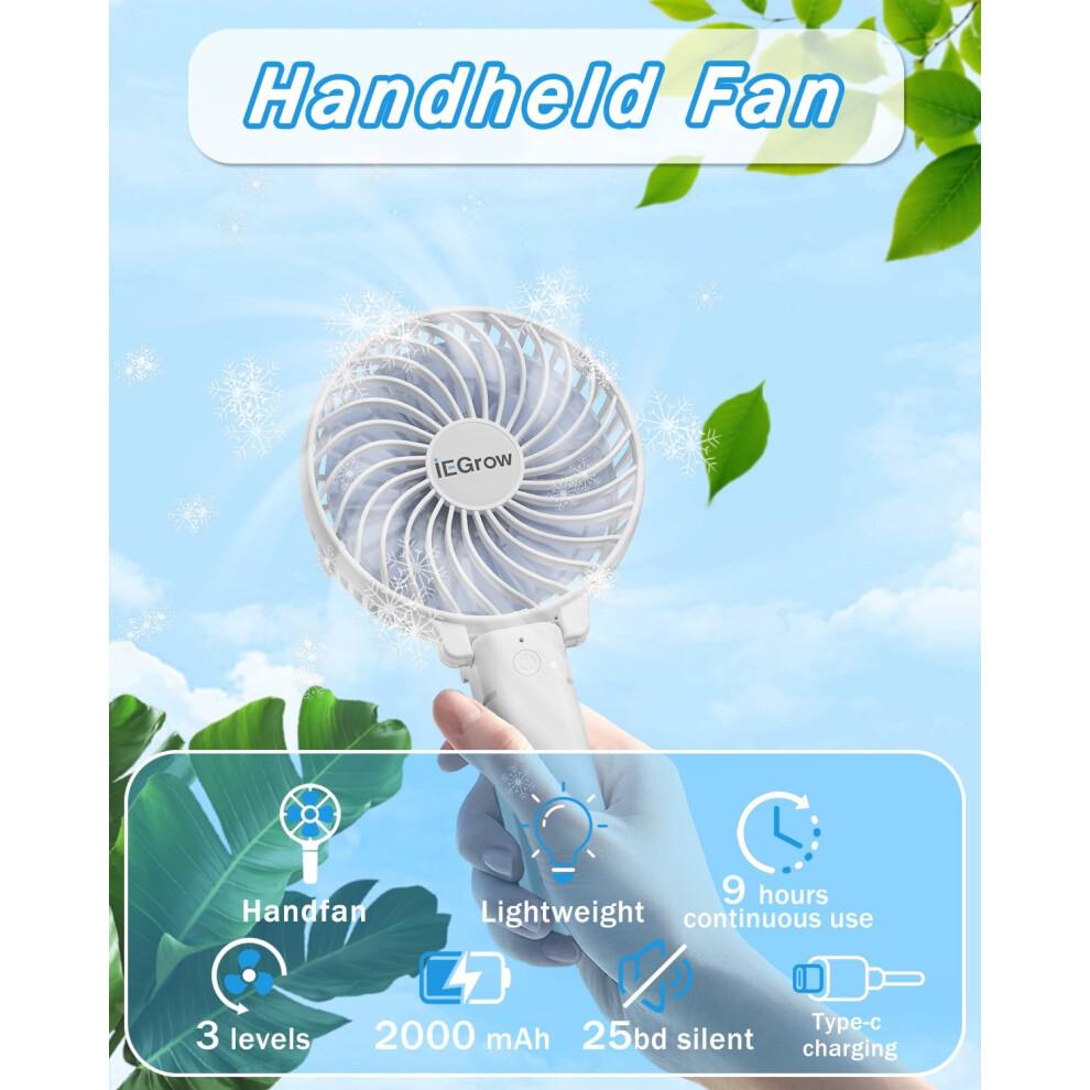 iEGrow Handheld Fan, Portable USB Mini Travel Fan with 2000mAh Rechargeable Battery, 3 Speeds Desk Fan for Home, Office and Travel-White