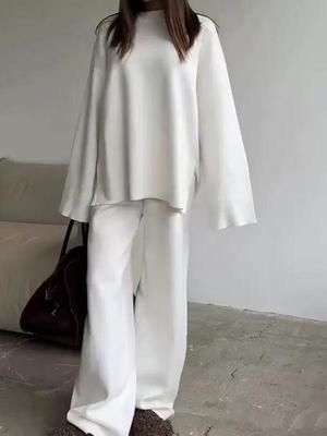 European & American Style Women's Solid Color Long Sleeve Wide Leg Pants Sweater Set