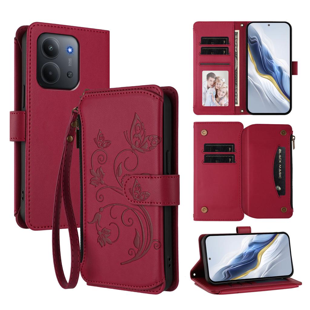For Xiaomi Redmi 15C 5G (EU) (173mm)/Xiaomi Redmi 15C 4G (EU) (173mm) Leather Case Butterfly Floral Imprint Zipper Wallet Stand Cover with Wrist Strap
