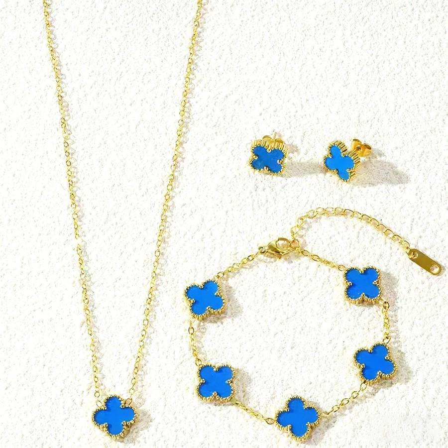 Ensemble de bijoux trèfle à quatre feuilles doré 13 mm: Bracelet, Collier, Boucles d'oreilles - Style Classique Haut de Gamme