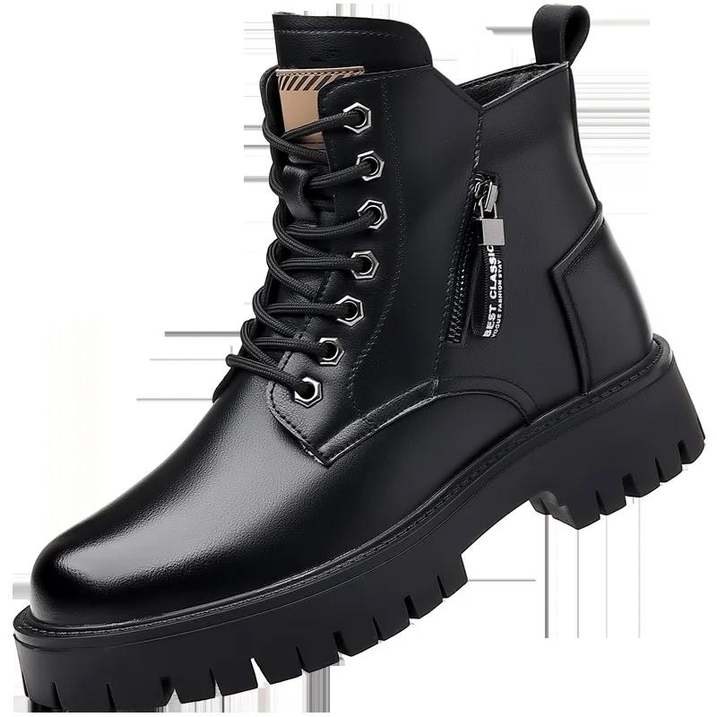 Men's high top winter plush warm cotton boots medium top leather shoes British style work clothes new snow short boots