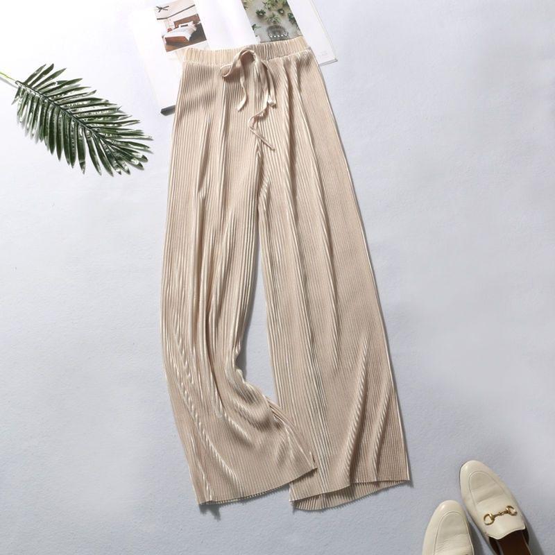 Sommer Plissee Eisseidenhose für Damen Einfarbig Elastischer Bund Locker Weites Bein Hose Damen Casual All-Match Chiffonhose