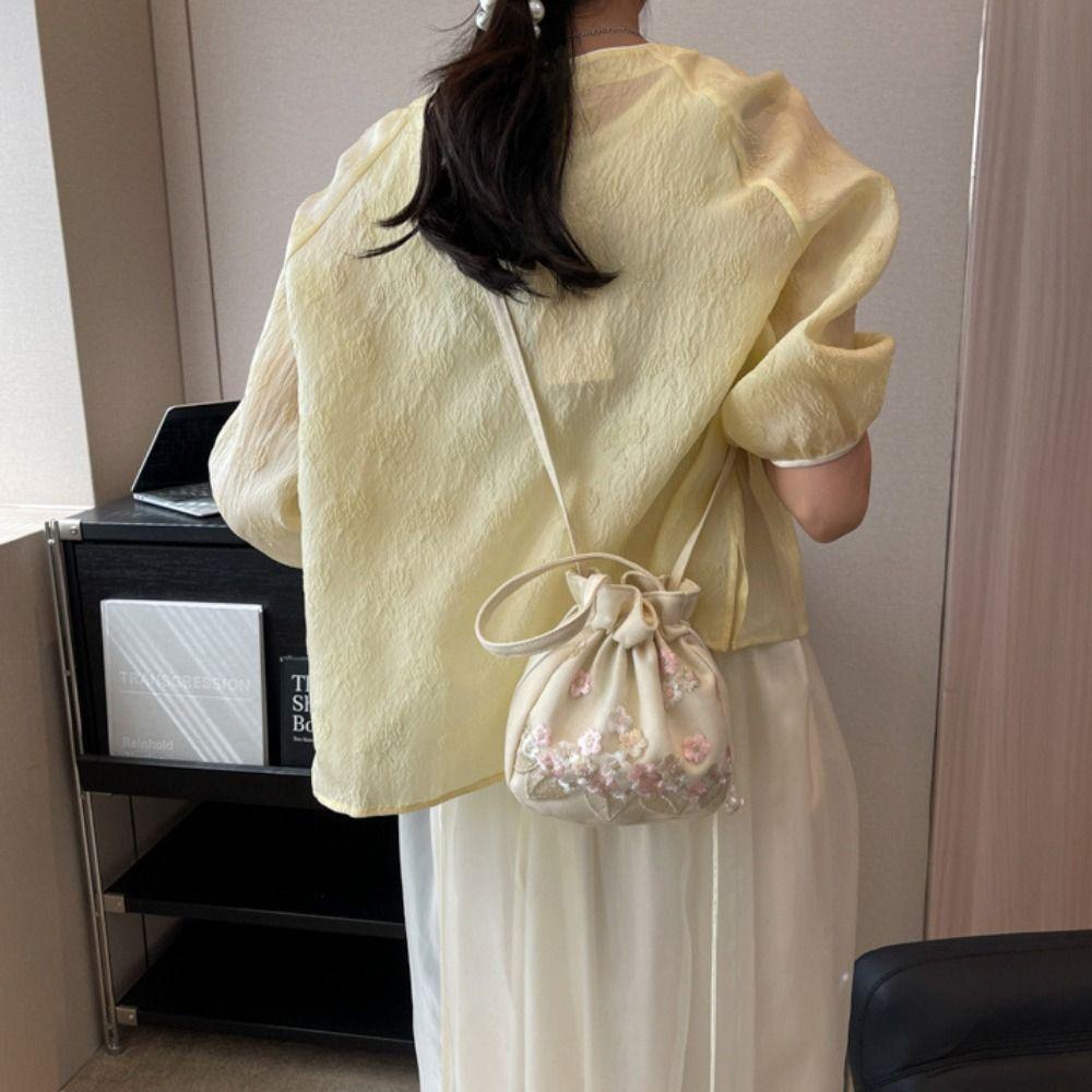 Chinese Embroidery Flower Handbag Ethnic Style Floral Bucket Bag Hanfu Drawstring Bag  Ladies/Girls