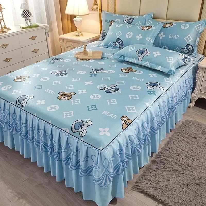 Korean Version Lace Solid Color Bed Skirt Three Piece Set, Skin Friendly Double-layer Bed Cover Non Slip Bed Cover Falda De Cama