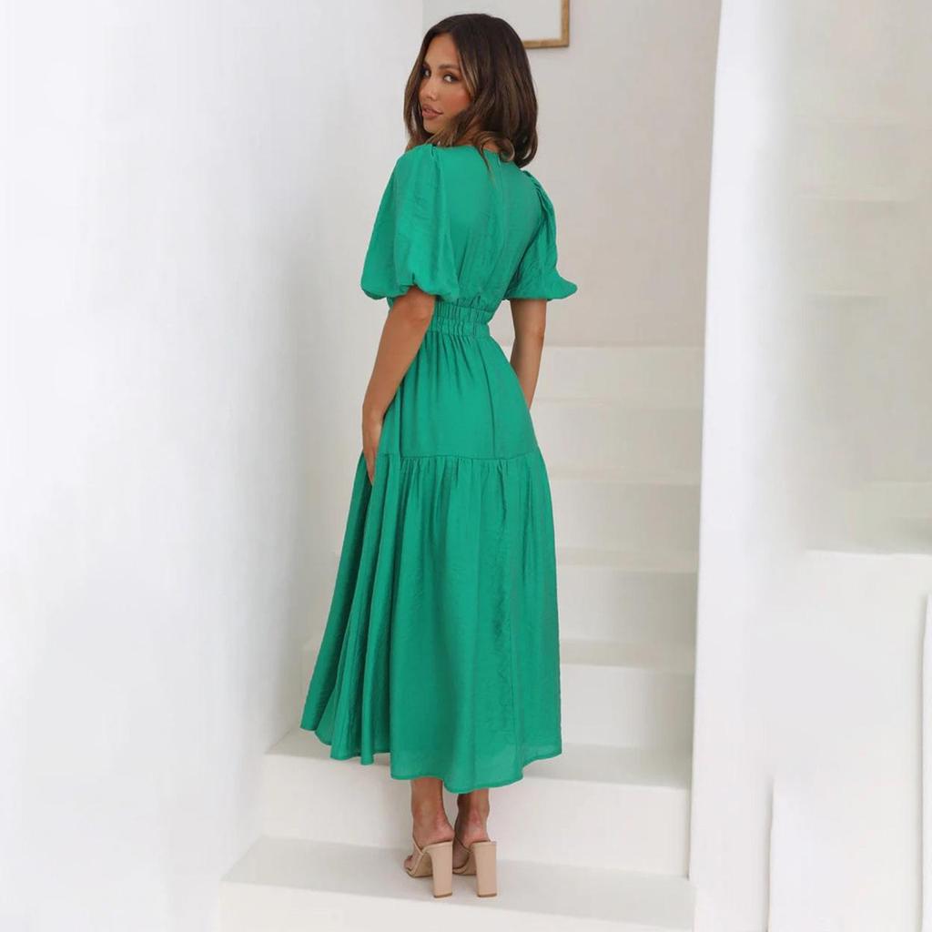 Dámské jarní jednobarevné šaty s krátkým nabíraným rukávem letní ležérní šaty s výstřihem do V a vysokým pasem ke kotníkům S-XL