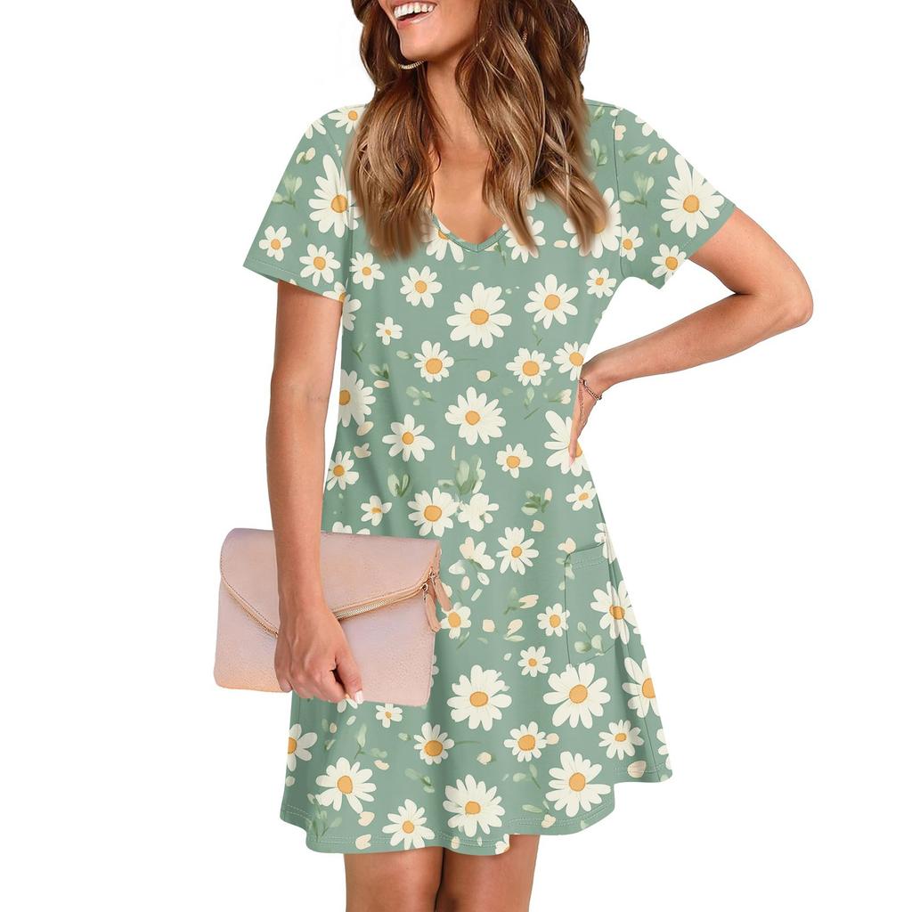 Summer Dresses For Women Loose V Neck Short Sleeve Casual T Shirt Dress Sundresses Swimsuit Coverup With Pockets