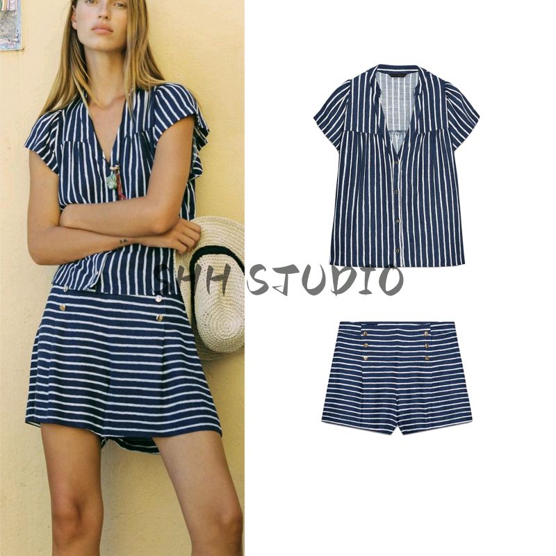 Linen Blend Stripes V Neck Short Sleeve Shirt 8084669 Simple and Comfortable Stripes Casual Pants 8100669