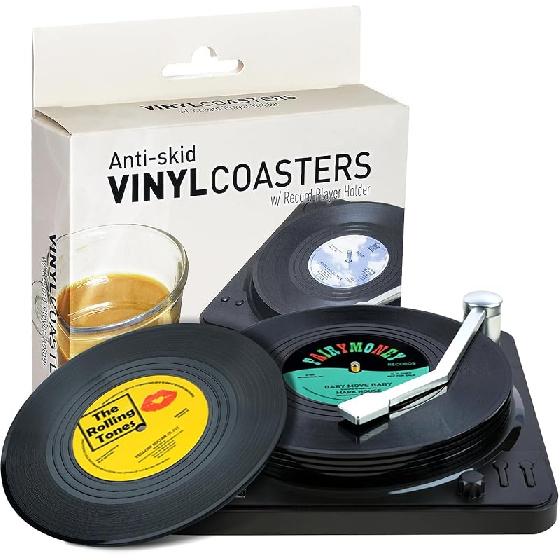 Coasters for Drinks with Gift Box - Set of 6 Colorful Retro Vinyl Record Disk Coasters with Funny Labels-Prevent Furniture from Dirty and