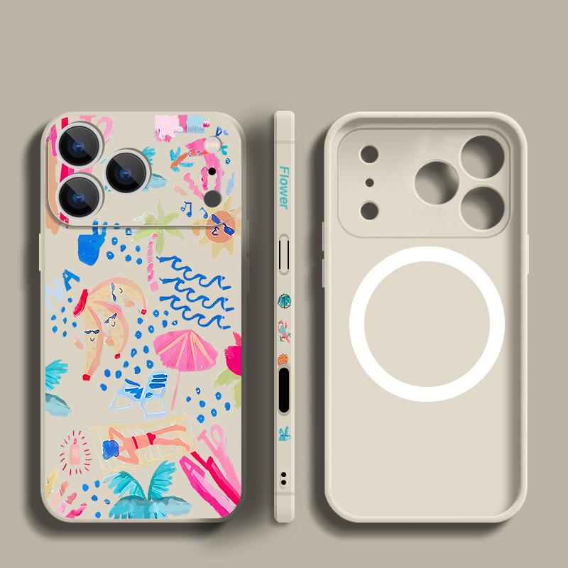 Cartoon Vacation Painting Case For iPhone 17 Pro Max Magnetic For Magsafe Silicone Cover For iPhone 16 Pro Max Funda iPhone 15 14 13 12 11 16E Air