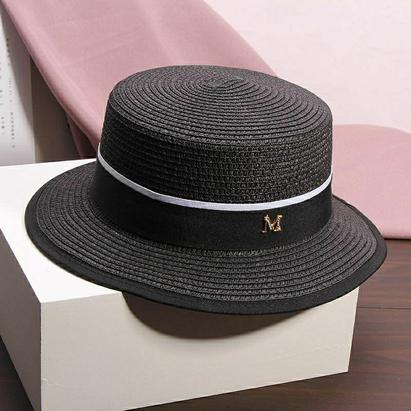 Summer Vacation Hat Women's Strap Alphabet Straw Hat Seaside Sunshade Sunscreen Hat Versatile Flat Top Hat