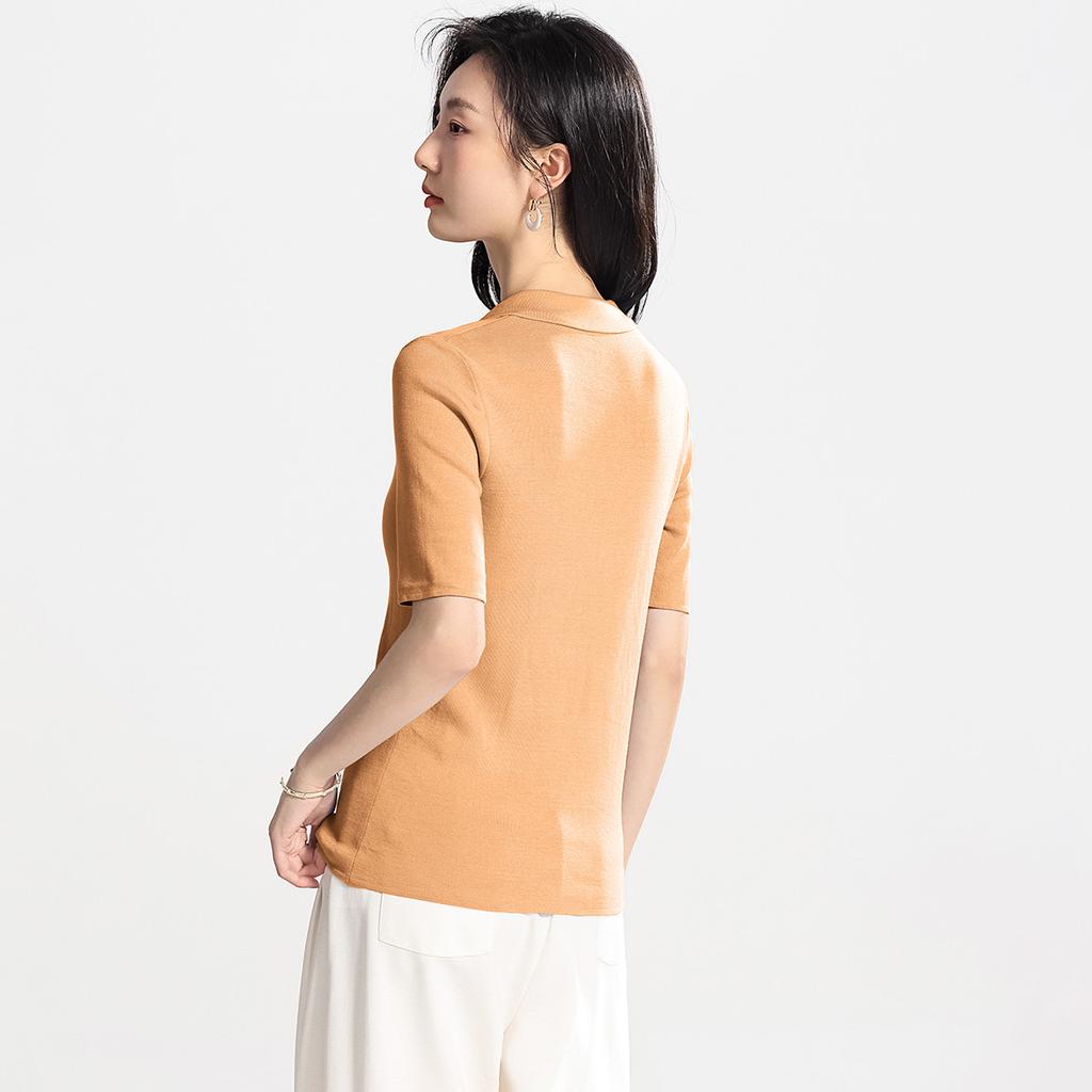 Short sleeved T-shirt with mulberry silk, polo collar, knitted sweater, women's summer high-end feeling, women's T-shirt, thin top