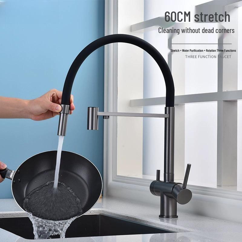 Gunmetal 304 Stainless Steel Pull-Out Kitchen Faucet with Hot/Cold Drinking Water Purifier and Vegetable Sink Function.