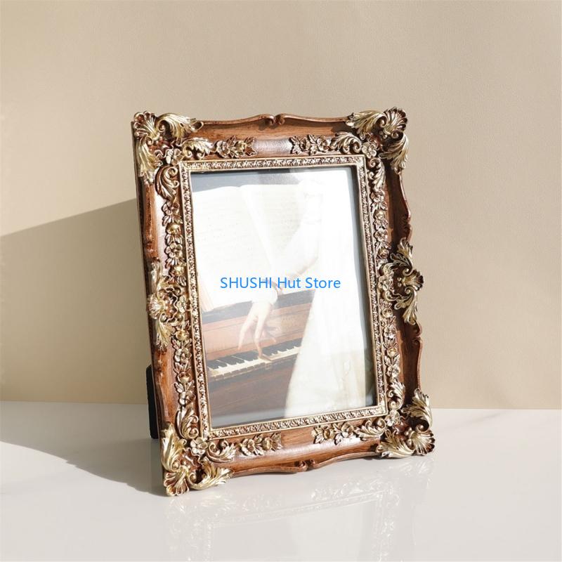 Luxurious Resins Picture Frame Vintage European Designs Flower Carvings Photo Frame for Tabletop Display or Wall Hanging D57B
