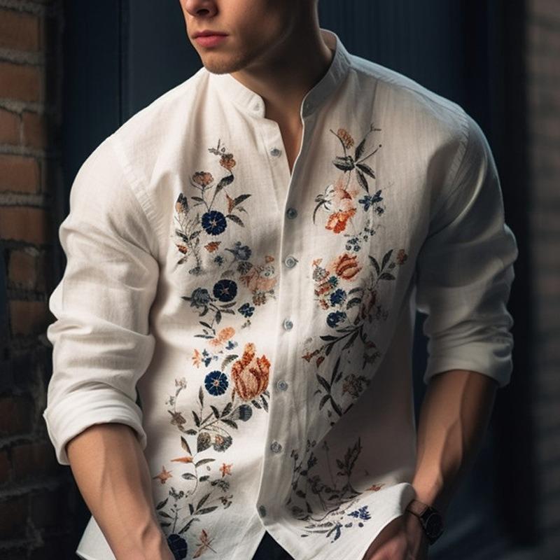 Tiger, Flower Pattern Long Sleeve Shirt Men's Spring and Autumn Trend Loose Casual Shirt Men's Autumn Clothing MB12