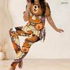 Women Plus Size White Halloween Printed Two Piece Set Round Neck Short Sleeve Longline Top And Long Pants